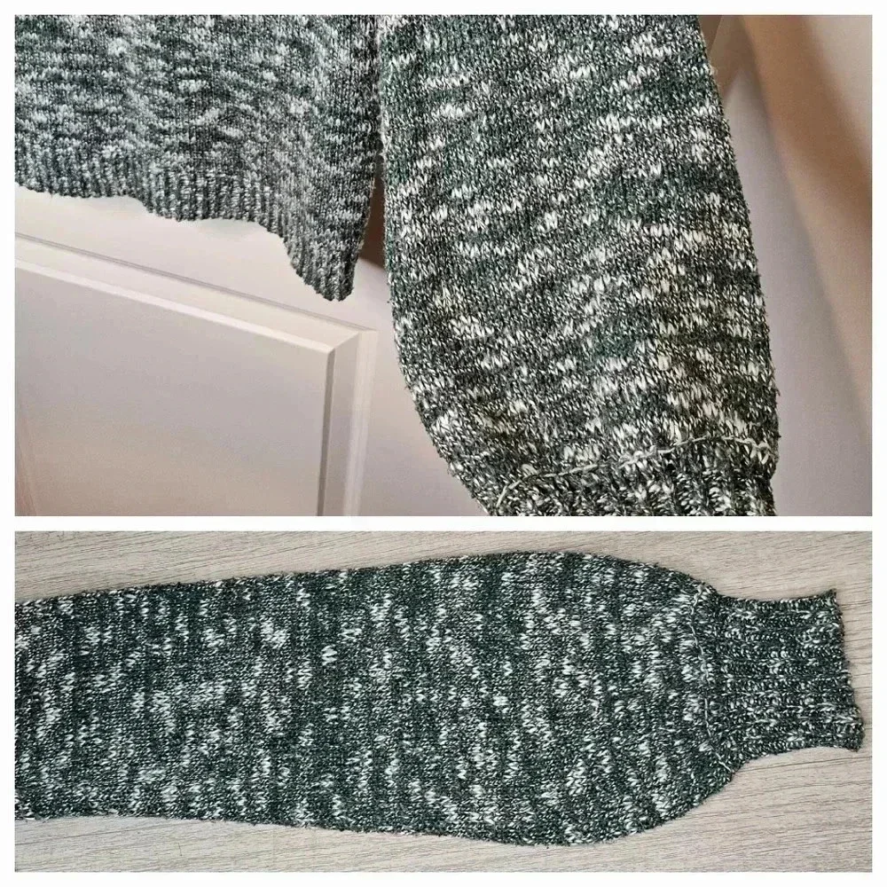 Women's Hunter Green White Speckled Cowl Neck Balloon Sleeve Sweater Cabincore L - Picture 5 of 8